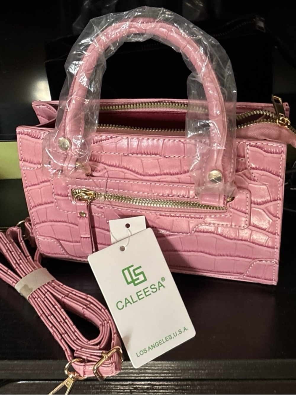 Mini Satchel by CALEESA Pink Croc-Embossed with Gold Hardware